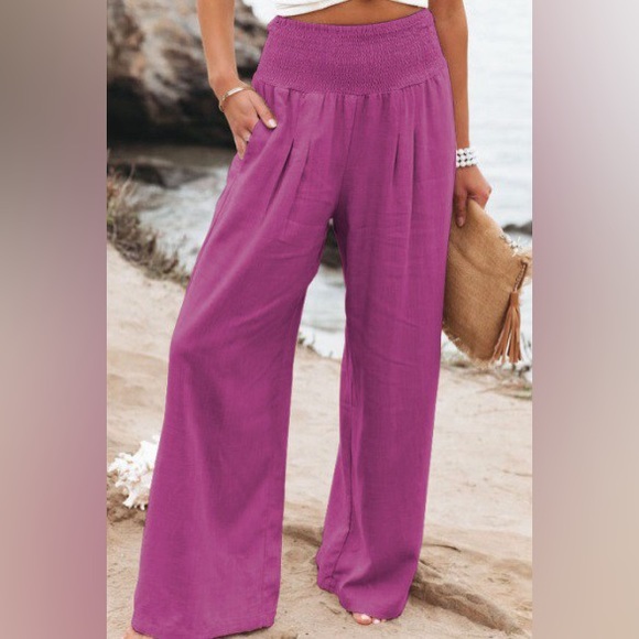 Pants - *Last One* Hot Pink Wide Leg Palazzo Linen Pants Smocked Slimming Waist
